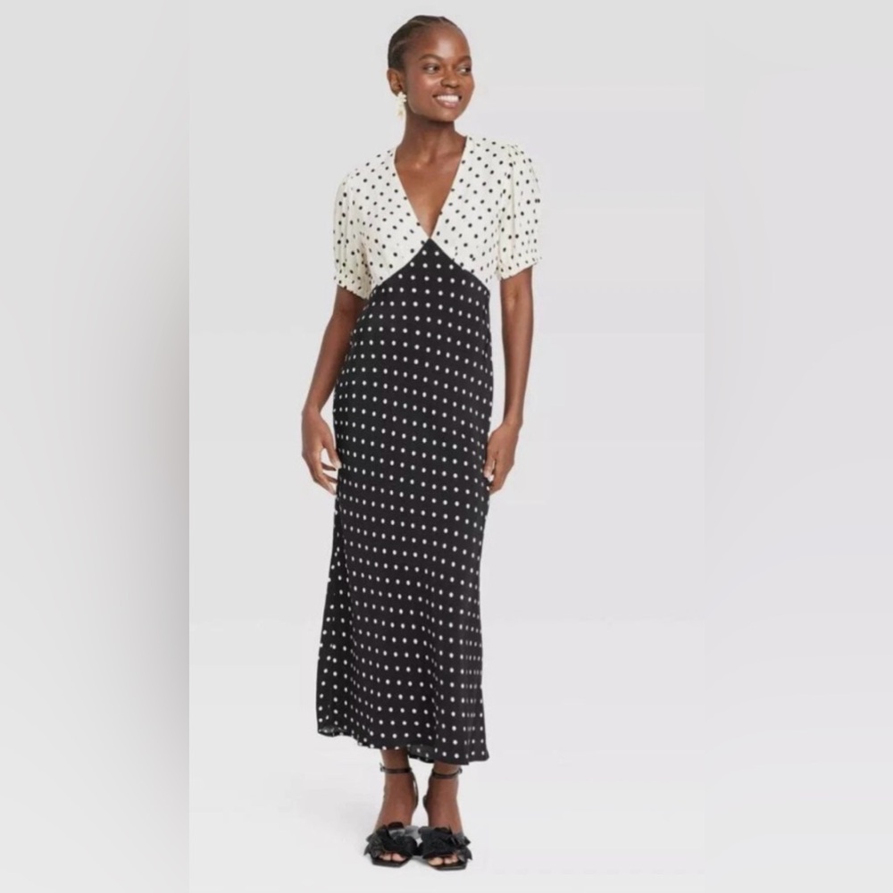 a new day Black and White Polka Dot Midi Dress